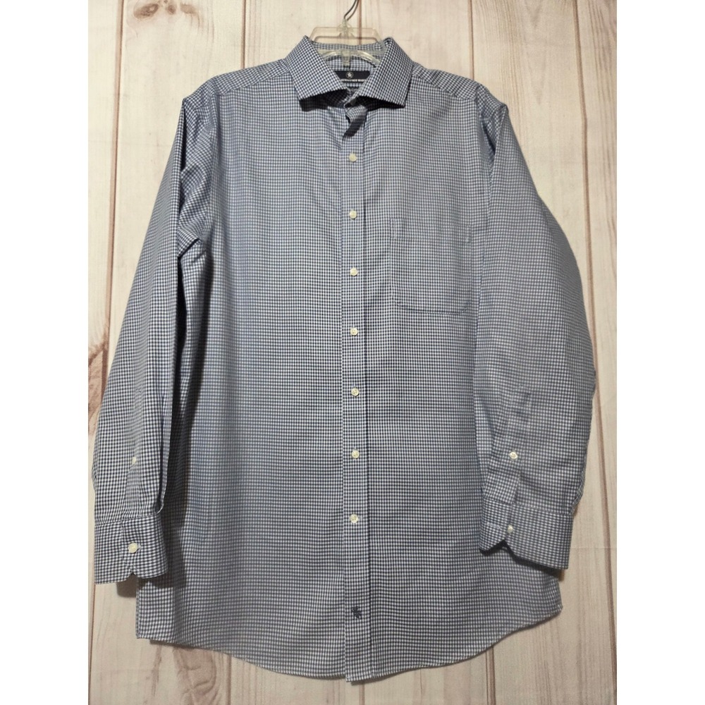 Hart‎ Schaffner Marx Mens 15.5 33 Blue Gingham Pima Cotton Non-Iron Dress Shirt